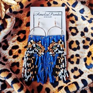 🐆AmeliaPanda Beaded Fringe Hoop Earrings - Blue, Black & Gold🐆